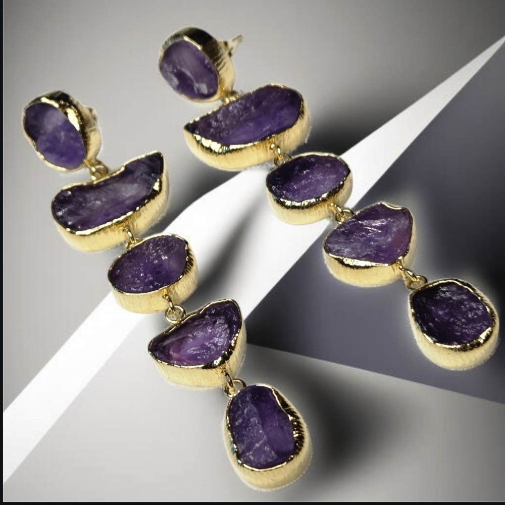 22k Gold Plated Genuine Raw Amethyst Crystal Long Dangle Earrings - Picture 4 of 6